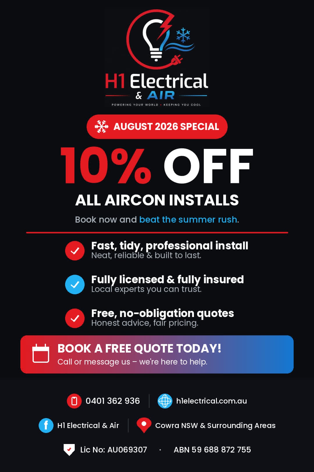 H1 Electrical & Air - 10% off all aircon installs this August