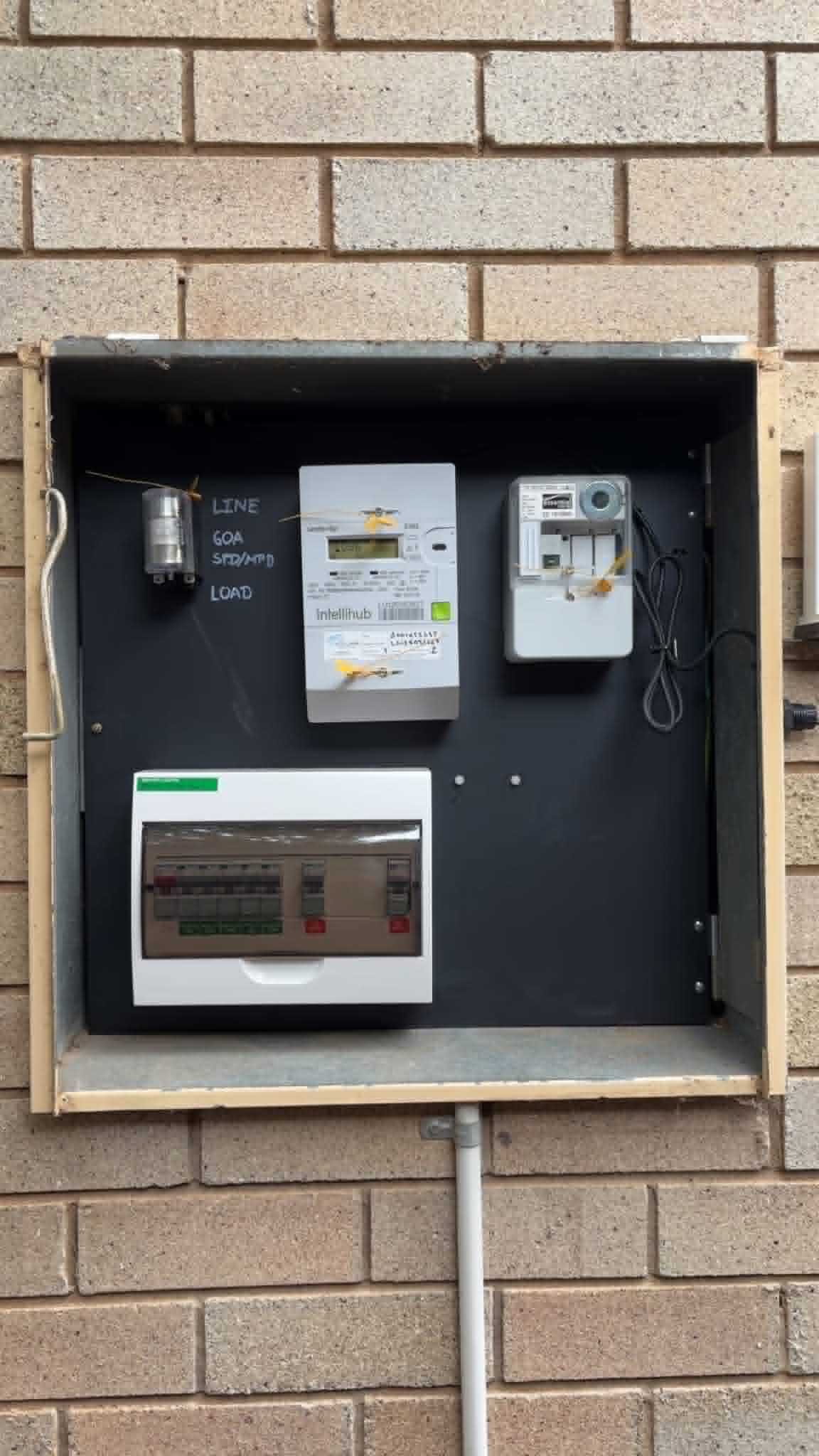 The same meter box rebuilt with a new smart meter and RCD-protected switchboard by H1 Electrical & Air